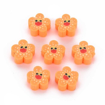 Handmade Polymer Clay Beads, Flower with Smiling Face, Coral, 9~10x4mm, Hole: 1.5mm