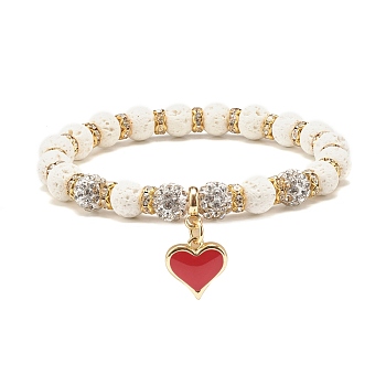 Natural Lava Rock Stretch Bracelet with Rhinestone Beads, Essential Oil Gemstone Bracelet with Heart Charm for Women, White, Inner Diameter: 2-1/8 inch(5.4cm)