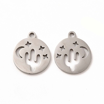201 Stainless Steel Charms, Flat Round with Hollow Out Cactus, Stainless Steel Color, 14x11.5x1mm, Hole: 1mm