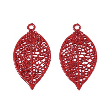 Spray Painted Hollow 430 Stainless Steel Pendants, Leaf Charms, Crimson, 17x9x0.3mm, Hole: 1~1.2mm