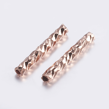 Brass Tube Beads, Tube, Faceted, Rose Gold, 10x1.5mm, Hole: 0.8mm