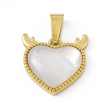 Natural Shell Heart Charms with Antler, with Vacuum Plating 304 Stainless Steel Findings, Golden, 14x14x3.5mm, Hole: 6x3mm