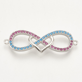 Brass Micro Pave Cubic Zirconia Links, Infinity and Heart, Colorful, Platinum, 12x34.5x4mm, Hole: 1mm
