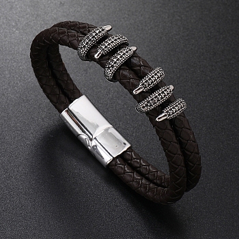 Leather Double Layer Multi-strand Bracelet, with Platinum Alloy Magnetic Clasp, Coconut Brown, 8-1/4~8-5/8 inch(21~22cm)