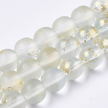 Frosted Spray Painted Glass Beads Strands, with Golden Foil, Round, Azure, 8~9mm, Hole: 1.2~1.5mm, about 46~56pcs/Strand, 14.37 inch~16.3 inch(36.5~41.4cm)