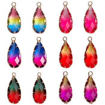 12Pcs 6 Colors K9 Glass Imitation Tourmaline Pendants, with Golden Tone Brass Findings, Faceted, Drop, Mixed Color, 24x10.5x6mm, Hole: 1.5~2mm, 2pcs/color