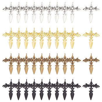 40Pcs 4 Styles Alloy Pendants, Sword with Wing, Mixed Color, 44.5x34.5x2.5~3mm, Hole: 4mm, 10pcs/style