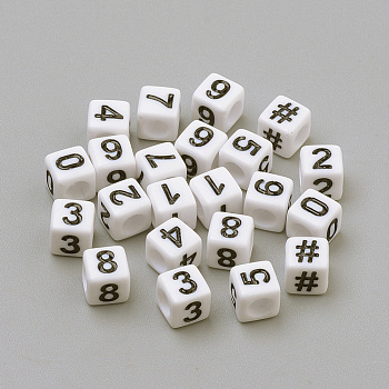 Opaque Acrylic European Beads, Large Hole Beads, Cube with Number, White, 6x6x6mm, Hole: 4mm, about 3000pcs/500g