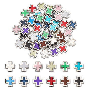 72Pcs 12 Colors Alloy Enamel Beads, Cross, Platinum, Mixed Color, 8x7.5x3.5mm, Hole: 1.7mm, 6pcs/color