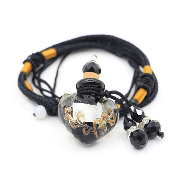 Baroque Style Heart Handmade Lampwork Perfume Essence Bottle Pendant Necklace, Adjustable Braided Cord Necklace, Sweater Necklace for Women, Black, Bottle: 40x22mm
