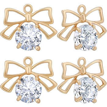 12pcs Clear Cubic Zirconia Charms, Real 18K Gold Plated, with Brass Findings, Bowknot, Real 18K Gold Plated, 13x16x5mm, Hole: 1.2mm