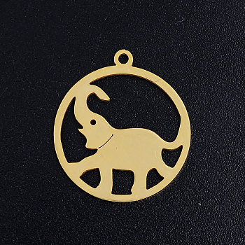 201 Stainless Steel Pendants, Circle with Elephant, Golden, 22.5x20x1mm, Hole: 1.5mm