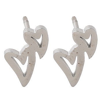 Non-Tarnish 304 Stainless Steel Stud Earrings, Heart, Stainless Steel Color, 9x6.5mm