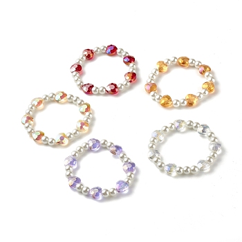 Sparkling Heart Glass Beads Stretch Bracelet for Children, Two Tone Glass Beads Bracelet, White, Mixed Color, Inner Diameter: 1-3/4 inch(4.3cm)
