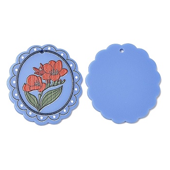 Acrylic Pendants, Oval with Flower, Cornflower Blue, 42.5x39x2mm, Hole: 2mm