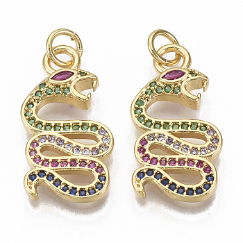 Brass Micro Pave Cubic Zirconia Pendants, with Jump Rings, Nickel Free, snake, Colorful, Real 16K Gold Plated, 22x11.5x3mm, Jump Rings: 5x1mm, 3mm inner diameter.