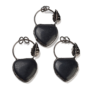 Natural Obsidian Heart Big Pendants, Brass Ring Charms with Leaf & Jump Rings, Red Copper, 53~56x32~34x7~7.5mm, Hole: 6.6mm