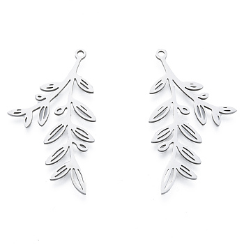 201 Stainless Steel Pendants, Leafy Branch Charms,  Leaf, Stainless Steel Color, 37.5x21x1mm, Hole: 1.5mm