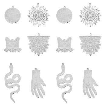 12Pcs 6 Styles 201 Stainless Steel Pendants, Laser Cut, Sun & Hand & All Seeing Eye & Snake & Cat  & Flat Round with Planet, Stainless Steel Color, 22~49x24~35x1mm, Hole: 1.4mm, 2pcs/style