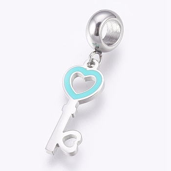 304 Stainless Steel European Dangle Charms, Large Hole Pendants, with Enamel, Heart Key, Stainless Steel Color, Cyan, 30mm, Hole: 4mm, Pendant: 20x8x1mm