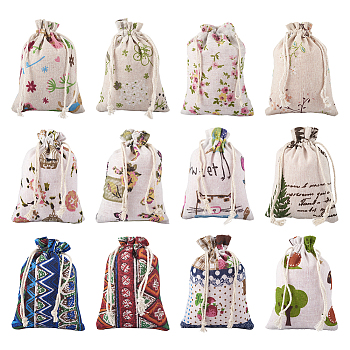 36Pcs 12 Styles Rectangle Cotton Drawstring Gift Bags, Jewelry Storage Pouches, Mixed Patterns, 14x10x0.15~0.4cm, 3pcs/style