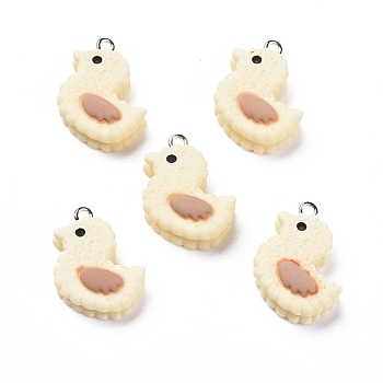 Opaque Resin Pendants, with Platinum Tone Iron Loops, Imitation Food, Duck-Shaped Biscuit, Light Yellow, 21.5x20.5x8.5mm, Hole: 2mm