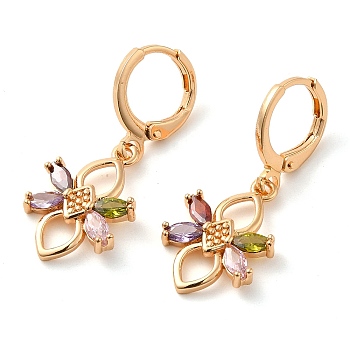 Rack Plating Golden Brass Dangle Leverback Earrings, with Cubic Zirconia, Flower, Colorful, 31.5x12.5mm