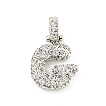 Brass Micro Pave Clear Cubic Zirconia Pendants, Platinum, Letter G, 31x19x5mm, Hole: 3x6mm