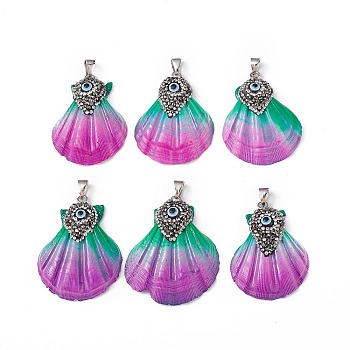 Spray Painted Natural Freshwater Shell with Rhinestone Pendants, Rainbow Color Shell Charms with Evil Eye, with Platinum Plated Alloy Findings, Magenta, 42~48x32.5~40x7.5mm, Hole: 4x7mm