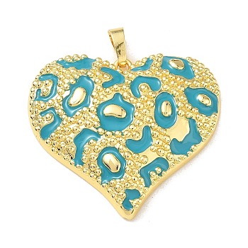 Brass Enamel Pendants, Leopard Print Heart Charm, Long-Lasting Plated, Cadmium Free & Lead Free, Real 18K Gold Plated, Deep Sky Blue, 37x40.5x6.5mm, Hole: 8x4.5mm