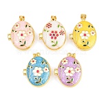 Brass Locket Pendants, with Enamel, Cadmium Free & Lead Free, Real 18K Gold Plated, Rack Plating, Long-Lasting Plated, Flower with Oval Charms, Mixed Color, 26.5x21x9mm, Hole: 3x5mm(KK-D232-04G)