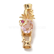 Brass Micro Pave Cubic Zirconia Fold Over Clasps, Pineapple, Real 18K Gold Plated, Pearl Pink, 31x10.5x11mm, Hole: 4mm(KK-U037-26G-03)