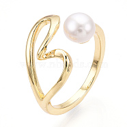 Brass Hollow Heart Open Cuff Rings with Natural Pearl, Real 18K Gold Plated, Inner Diameter: 17mm(PEAR-N020-05L)