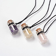 Beautiful Design Adjustable Glass Wishing Bottle Pendant Necklaces, with Waxed Cord, Mixed Stone Beads and Wooden Bungs, 13.3 inch~26.3 inch(NJEW-JN01344)