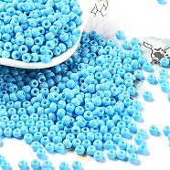 Baking Paint Glass Seed Beads, Round, Sky Blue, 4x3mm, Hole: 1.2mm, about 7650pcs/pound(SEED-H002-I-B504)