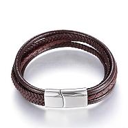 Leather Cord Multi-strand Bracelets, with 304 Stainless Steel Magnetic Clasps, Coconut Brown, 8-1/4 inch(215mm)x12x6mm(BJEW-K141-29B)