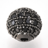 Brass Micro Pave Cubic Zirconia Beads, Round, Black, Gunmetal, 10mm(X-ZIRC-Q013-10mm-143B)