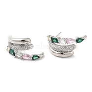 Emerald Rhinestone Claw Stud Earrings, Brass Earrings for Women, Lead Free & Cadmium Free, Platinum, 13x25mm(EJEW-D059-04P-02)