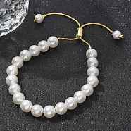 Shell Pearl Beaded Slider Bracelet with Brass Snake Chain, Lead Free & Cadmium Free, Real 18K Gold Plated, Beads: 8mm, Inner Diameter: 1-1/2~2-1/2 inch(3.75~6.4cm)(X-BJEW-B066-01B-02)