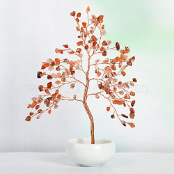 Undyed Natural Carnelian Chips Tree of Life Display Decorations, with Porcelain Bowls, Copper Wire Wrapped Feng Shui Ornament for Fortune, 145x205mm(TREE-PW0001-23D)