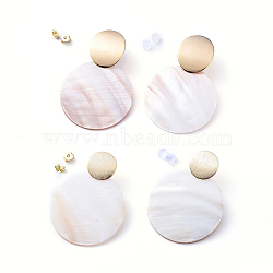 Natural Freshwater Shell Dangle Stud Earring Sets, with Brass Ear Stud Findings, Brass & Plastic Ear Nuts, Flat Round, Golden, 50mm & 56mm, Pin: 0.8mm, 2pairs/set(EJEW-JE04129)
