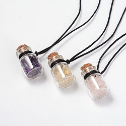 Beautiful Design Adjustable Glass Wishing Bottle Pendant Necklaces, with Waxed Cord, Mixed Stone Beads and Wooden Bungs, 13.3 inch~26.3 inch(NJEW-JN01344)