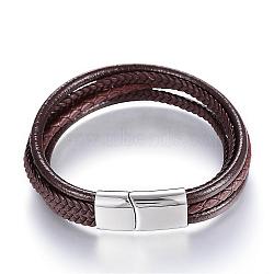 Leather Cord Multi-strand Bracelets, with 304 Stainless Steel Magnetic Clasps, Coconut Brown, 8-1/4 inches(215mm)x12x6mm(BJEW-K141-29B)