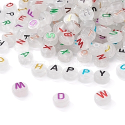 150Pcs Luminous Acrylic Beads, Horizontal Hole, Flat Round with Random Mixed Letters, Mixed Color, 10x6mm, Hole: 2mm(LACR-YW0001-02)
