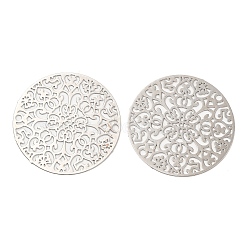Long-Lasting Plated Brass Connector Charms, Etched Metal Embellishments, Flat Round with Flower, Platinum, 30x0.3mm, Hole: 1.5mm(X-KK-K336-08P)