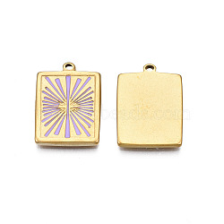 304 Stainless Steel Enamel Pendants, Real 18K Gold Plated, Rectangle with Sun, Lilac, 21x15.5x2mm, Hole: 1.4mm(STAS-N092-161B)