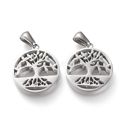 304 Stainless Steel Pendants, Manual Polishing, Flat Round with Hollow Tree of Life, Stainless Steel Color, 20.5x17.5x3.5mm, Hole: 3x6mm(STAS-F253-14P)