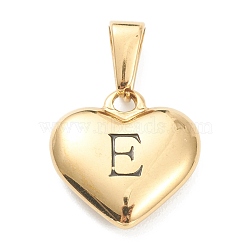 304 Stainless Steel Pendants, Heart with Black Letter, Golden, Letter.E, 16x16x4.5mm, Hole: 7x3mm(STAS-P278-01E-G)