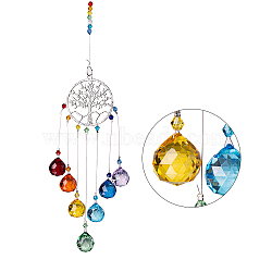 Tree of Life with Glass Teardrop Suncatchers Ornaments, Pendant Decorations, Colorful, 465mm(TREE-PW0002-16)
