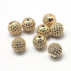 Rack Plating Brass Cubic Zirconia Beads, Long-Lasting Plated, Round, Golden, 9.5~10x9~9.5mm, Hole: 2mm(ZIRC-S001-10mm-A01)